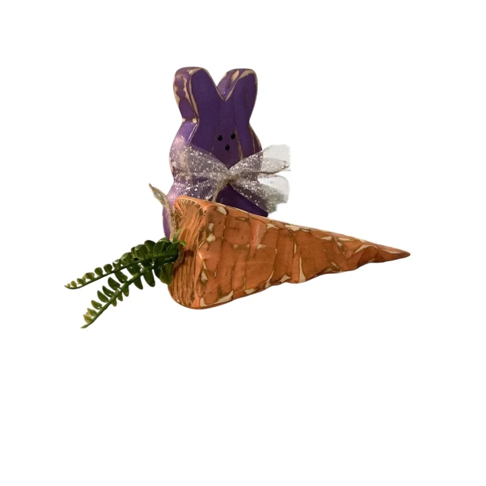 Rustic Wooden Easter Bunny and Carrot‎ Decor Set Purple Distressed Farmhouse